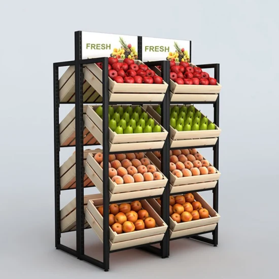 Kệ Trưng Bày Trái Cây Đẹp Cho Siêu Thị Mini 4 kệ sắt gỗ để trái cây