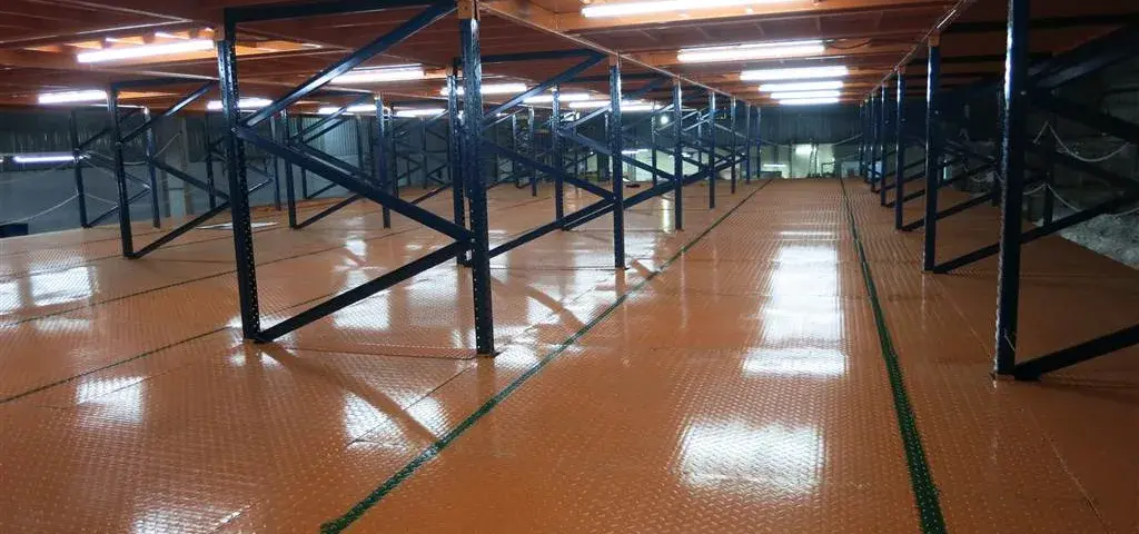 Kệ sàn tầng lửng mezzanine mặt sàn sơn epoxy cam, lan can thép trong nhà xưởng